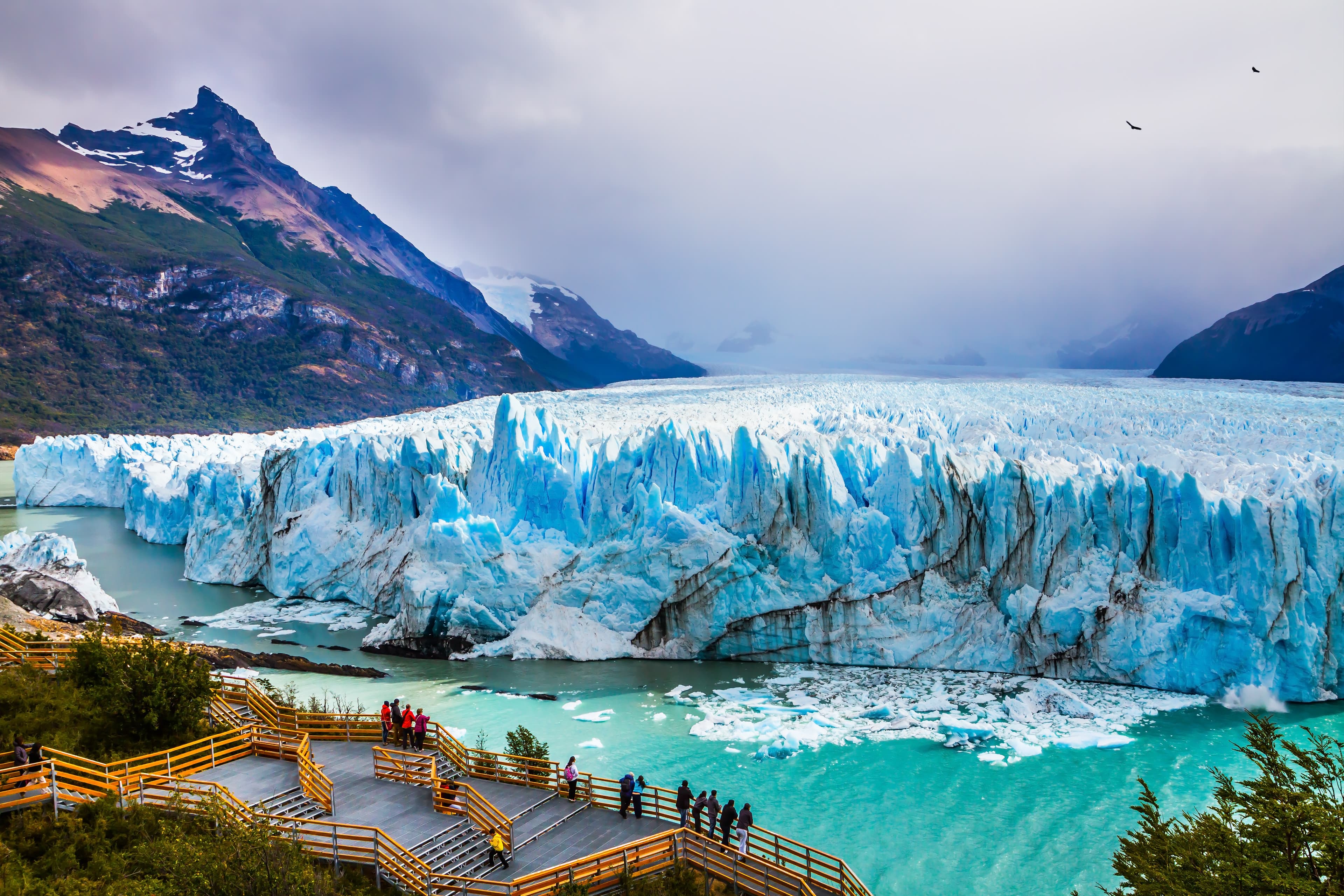 Grandiose glacier Perito Moreno in the Argentine part of Patagonia. The concept of ecological and extreme tourism. Large and comfortable observation deck for tourists Glacier Perito Moreno in the Patagonia