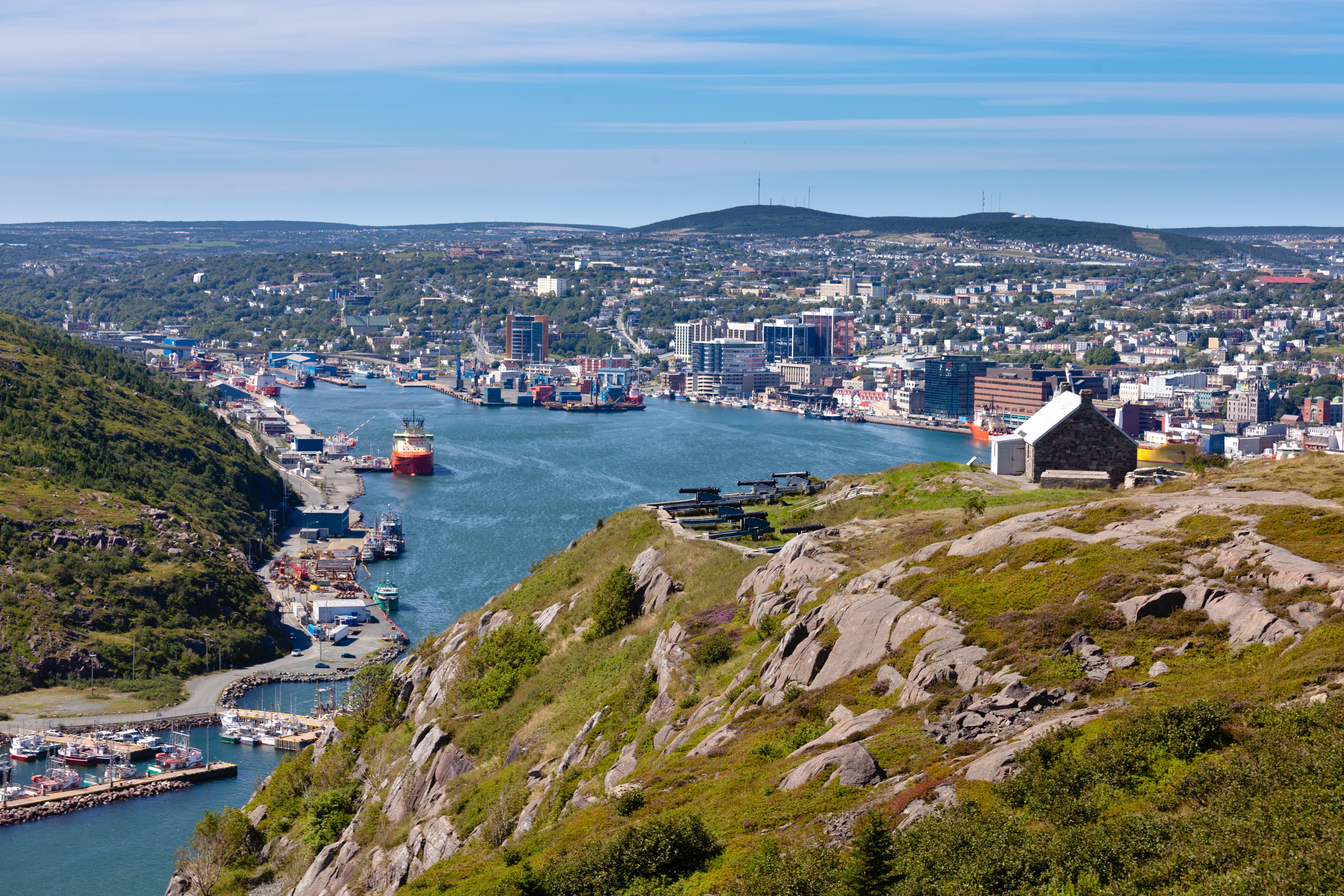 St. John's, capital of Newfoundland Labrador, NL, Canada, harbor and downtown seen from signal hill View of harbor from above in St. John's city