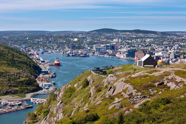 St. John's, capital of Newfoundland Labrador, NL, Canada, harbor and downtown seen from signal hill View of harbor from above in St. John's city